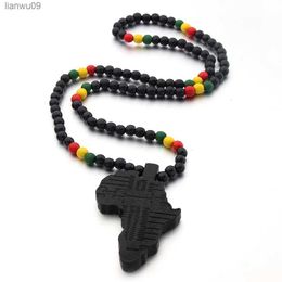 VOQ new arrival Africa map necklace for men and women wooden pendant Bead string necklace hip hop Jewellery L230704