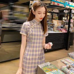 Ethnic Clothing Purple Plaid Cheongsam Improved Modern Style Short Slim Fit Retro Literary Temperament Young Girl Dress