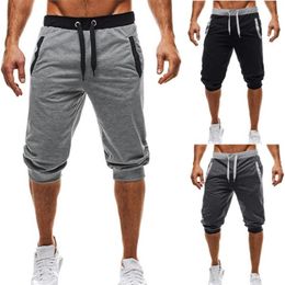 Men's Cropped Pants Solid Calf Length Pant Cotton Summer Men's Capri Pants Elastic Wasit Casual Male Cropped Trousers YZ2253