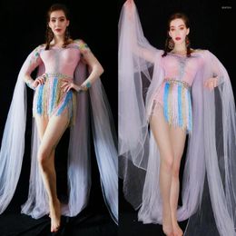 Stage Wear Women Pink Sexy Mesh Shawl Rhinestone Multicolor Tassel Birthday Party Celebrate Stretch Dress Bar Dance Costume Bodysuit