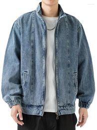 Men's Jackets Stand Collar Denim Jacket Men Casual Autumn Zip Closure Coat Loose Baggy Blue Retro Man Fashion Clothing