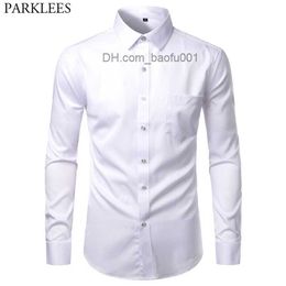 Men's Casual Shirts Mens White Bamboo Fiber Dress Shirts Slim Fit Wrinkle Free Casual Chemise Non Iron Easy Care Elastic Wedding Working 230706