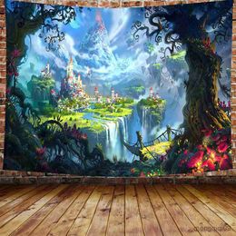 Tapestries Castle Tapestry Tree and River In Fantasy Forest Wall Hanging Fairy Tale Tapestries for Kids Bedroom Living Room Dorm Wall Decor R230704