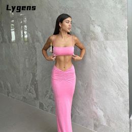 Dresses Lygens 2021 Summer Women Pure Colour 2 Pieces Strap Crop Top Ruched Midi Skirt Set Bodycon Sexy Elegant Party Holiday Outfit