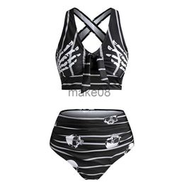 Women's Swimwear Skull Striped Print Knot Front Padded Tankini Set Casual Summer Beach Wear Swimsuit Ladies Two Pieces Bathing Suits #t2g J230704