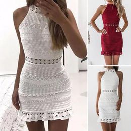 Casual Dresses Sexy Women Hollow Out Bodycon Mini Dress Summer Chiffon O Neck Sleeveless Crochet Lace Hip Wrap For 2023