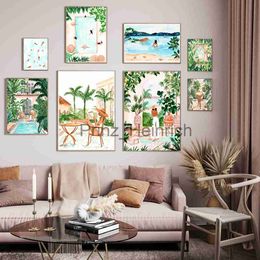 Wallpapers Fashion Lady Morocco Travel Posters Boho Tropical Summer Pool Swim Wall Pictures Jungle Art Canvas Painting Home Decor J230704