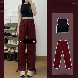 Women's Two Piece Pants 2023 Summer Small Spicy Girl American Retro Wear Black Undershirt Red Work Two-piece Set Y2K