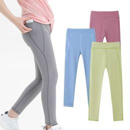Children Kids Solid Leggings Elastic Yoga Pants Spring Fall Workout Sports Gym Breathable Girl Candy Colour Skinny Tight Cropped Long Trousers With Pockets Z009