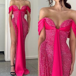Fashion Rosy Pink Sequins Prom Dresses Off Shoulder Evening Gowns Pleats Slit Formal Red Carpet Long Special Ocn Party Dress