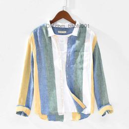 Men's Casual Shirts 1931 Men Spring Fashion Japan Style Pure Linen High Quality Colourful Stripe Dyed Long Sleeve Shirt Male Minimalism Leisure 230706