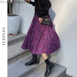 Skirts Women Floral Print A-line Chiffon Skirt Vintage Midi Skirts Ladies Elegant Chic Jupe Spring Summer Bottoms Elastic Waist Z230704