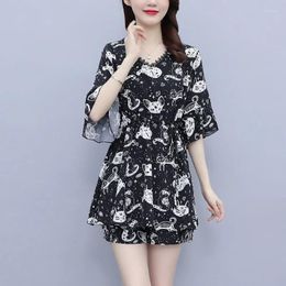 Women's Tracksuits 2023 Summer Women's Chiffon Two-piece Suit Short Pants Sets Casual Lady Printed Short-sleeves Loose A-line Dress