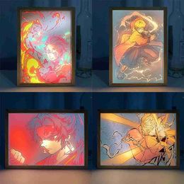 Kimetsu No Yaiba Art Painting Design 3D Night Lights LED 3 Colors Wood Photo Frame Light Bedroom Decor Lamps Anime Demon Slayer HKD230704