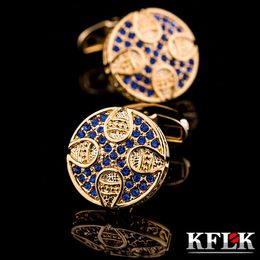 Cuff Links KFLK Jewellery for men Retro round blue crystal cufflinks shirts button high quality brand luxury wedding men guests 230703