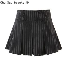 Skirts Vintage college style sexy high waist striped pleated skirt woman slim fit kawaii short mini for girl spring Autumn 230703