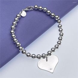 Link Bracelets Street All-match 925 Stamp Silver Colour Fine 6MM Beads Chain Heart Pendant For Women Fashion Party Wedding Jewellery