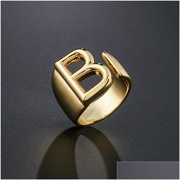 Band Rings Hollow A-Z Letter Gold Color Metal Adjustable Opening Ring Initials Name Alphabet Female Party Chunky Wide Trendy Jewelry Dhkhx