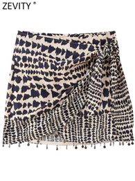 Skirts Zevity Women Vintage Geometric Print Knotted Mini Sarong Skirt Faldas Mujer Female Beading Tassel Casual Zipper Vestidos QUN4078 230703