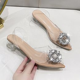 Slippers Plus Size 42 Pointy Toe Buckle Jewelry Transparent For Women Bridal Sandals Low Heel 230703