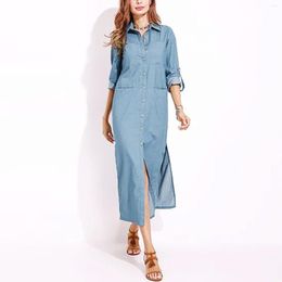 Casual Dresses Women's Fashion Buttons Down Denim Dress Elegant Turn Neck Long Shirt 2023 Blue Over Knee Streetwear