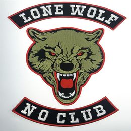 Fashion LONE WOLF LONE WOLF NO CLUB MC Motorcycle Biker Embroidered Patch Iron On Jacket Vest Rider Badge Large Size Patch Sh262o