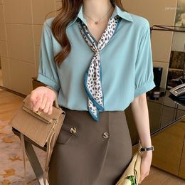 Women's Blouses Elegant Short Sleeve Office Top Female Summer Fashion Loose Shirts Woman 2023 Casual Green Blouse For Women JY31