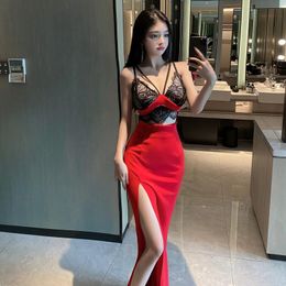 Dresses Summer Retro Sexy Wrap Hip Split Black Lace Dress Women Sleeveless V Neck Red Evening Party Night Club Vestido Feminino