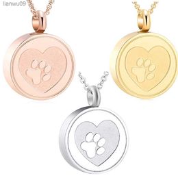 Free Engrave Pet Paw Print Heart Stainless Steel Cremation Urn Locket Necklace Hold DogCat Ashes Casket Keepsake Jewellery L230704