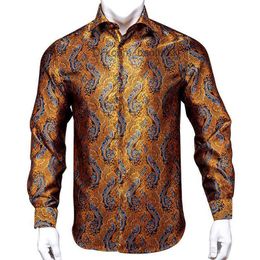 Men's Casual Shirts Hi-Tie 100% Silk Luxury Black Gold Embroidery Paisley Dress Shirt Men Long Sleeve Men's Casual Button-Down Shirts Outwear Z230707