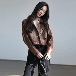 Women's Jackets Fashion Short Style Black Leather Coat Spring 2023 PU Motorcycle Jacket Brown Trend Slim Top Large Packe