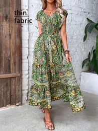 Dresses Bohemia Long Dress Women Vintage Print Casual Maxi Dress Female Summer V Neck Short Sleeve Elegant Fashion Beach Aline Dresses