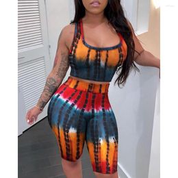 Women's Tracksuits Summer Women Tie Dye Print Sleeveless Crop Top & High Waist Shorts Set 2023 Femme V Neck Bodysuit Office Lady