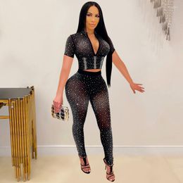 Women's Two Piece Pants KEXU Women Fashion Rhinestones Zipper Short Sleeve Jacket Top And Legging Suit Sexy Mesh Sheer Party 2 Set