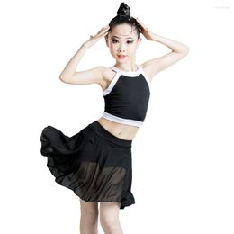 Girl Dresses 2Pcs Kids Girls Latin Dance Skirt Top Vest Black/White Stretchy Clothes Practice Competition Performance Costume