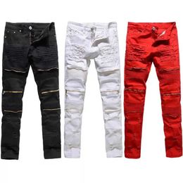 Trendy Mens Destroyed Ripped Jeans Black White Red Fashion College Boys Skinny Runway Straight Zipper Denim Pants