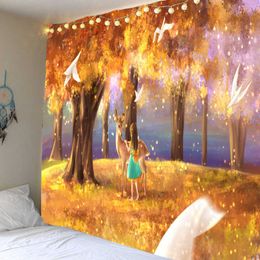 Tapestries Beautiful Forest Deer Background 3D Digital Printing Tapestry Living Room Study Room Children's Room Decoration Big Blanket