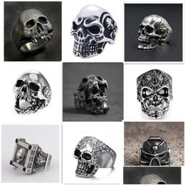 Band Rings Wholesale Gothic Skl Ring Vintage Sier Color Punk Biker Metal Jewelry Rock Skeleton Size 16Mm To 22Mm Mix Style Drop Deliv Dh4Pd
