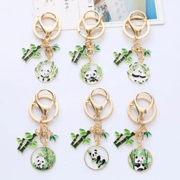 Creative Cartoon Panda Bamboo Leaf Car Keychain Cute Metal Animal Backpack Pendant Ornaments For Couple Kids Gift