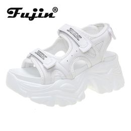 8cm Fujin Platform Leather Sandals Wedge Heel for Women Summer Casual Hook Loop Slides Beach Slippers Chunky Shoes 23070 8671