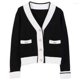 Women's Knits 2023 White Black Solid Sweater Cardigans Woman Thick Pearl Buttons V-neck Cardigan Jacket Coat Outwear Spring Autumn