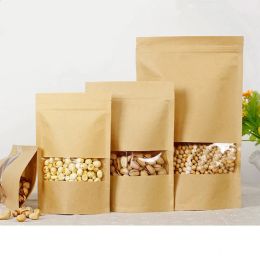 Stand Up Gift Dried Food Fruit Tea Packaging Pouches 50Pcs/lot Zip Lock Kraft Paper Window Bag Retail Zipper Self Sealing Bags