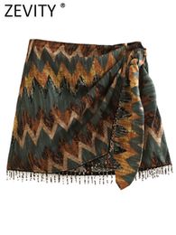 Skirts Zevity Women Vintage Geometric Print Knotted Mini Sarong Skirt Faldas Mujer Female Beading Tassel Casual Zipper Vestidos QUN1436 230703