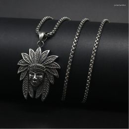 Pendant Necklaces Retro Amerindian Head Men Stainless Steel Chain Necklace Unisex Hiphop Jewelry Male Gift
