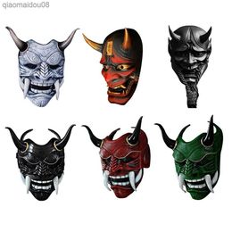 Halloween Red Prajna Hell Ghost Mask Cosplay Japanese Oni Samurai Mask Cow Devil Red Face Grimace Horn Mask Cosplay Costume Prop L230704