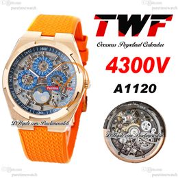 TWF Overseas Perpetual Calendar Moonphase 4300V A1120 Automatic Mens Watch Rose Gold Blue Skeleton Dial Orange Rubber Super Version Reloj Hombre Puretime B05