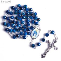 Vintage Cross Rosary Necklace 6mm Round Blue Glass Beads Virgin Mary Jesus Pendant Necklace Women Catholic Religious Jewellery L230704