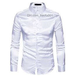 Men's Casual Shirts Mens White Silk Shirt Fashion Satin Men Social Casual Slim Fit Long Sleeve Dress s Male Camisa Masculina Z230707