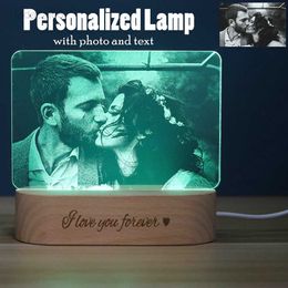 Lights Dropshipping Photo Text Customized 3D Night Light Desk Wooden Base Personalized Gift USB Power Bedroom Lamp Home Decor HKD230704