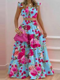 Two Piece Dress Floral Print Shirred Back Crop Tops Maxi Skirts Set Summer Women 230630